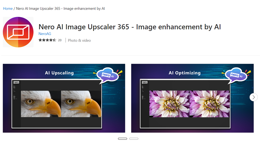 Nero AI Image Upscaler 365 - Image enhancement by AI Microsoft store page