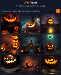 AI model of craiyon images displayed for the pumkin keywords