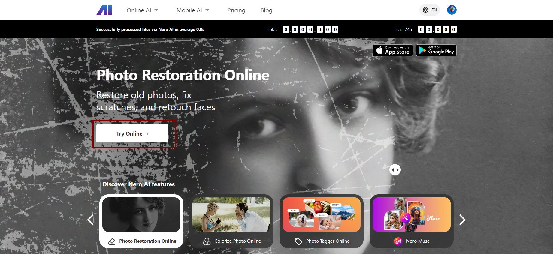 ai.nero.com start page Photo Restoration banner