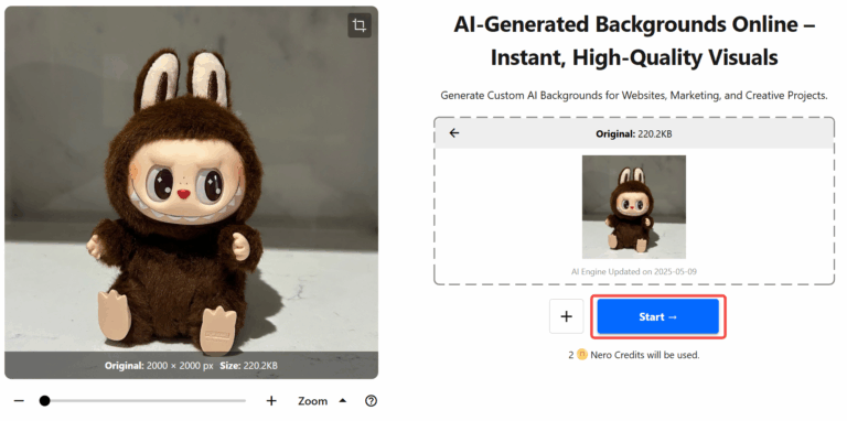 Nero AI background generator processing Labubu photo