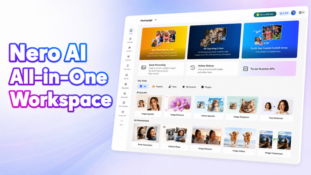 Nero AI All-in-One Workspace with the redesigned homepage and its complete AI image tool library