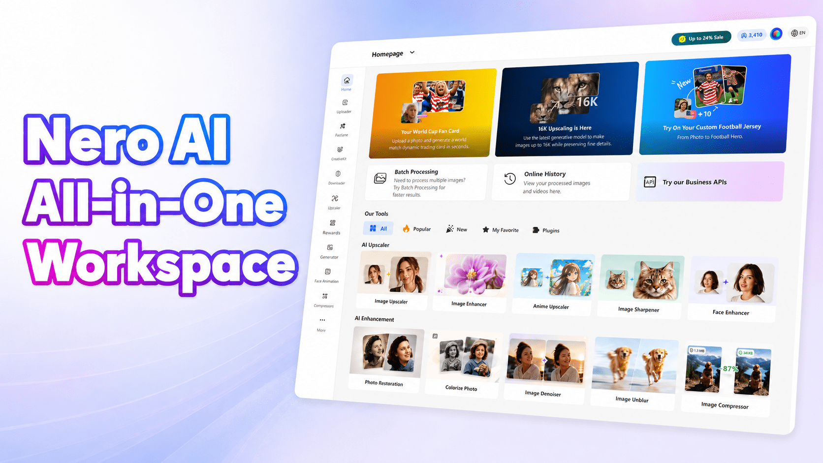 Nero AI All-in-One Workspace with the redesigned homepage and its complete AI image tool library